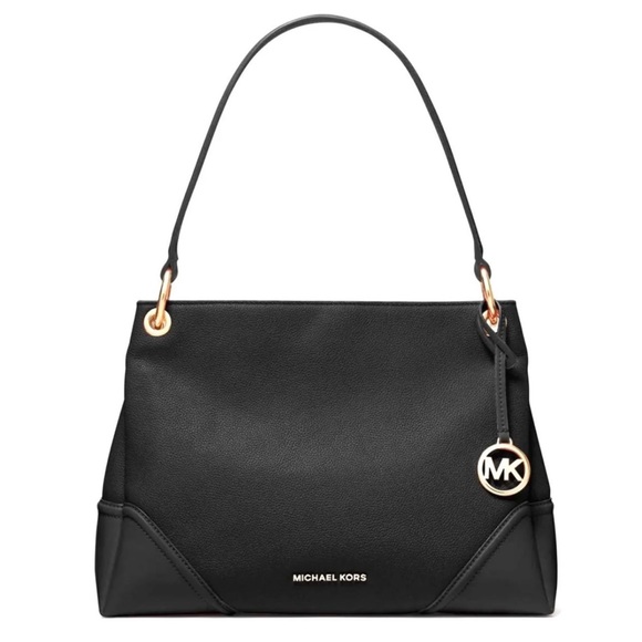 NWT Michael Kors Nicole Medium Pebbled Leather Shoulder Bag In Black Color/Gold - Picture 1 of 12